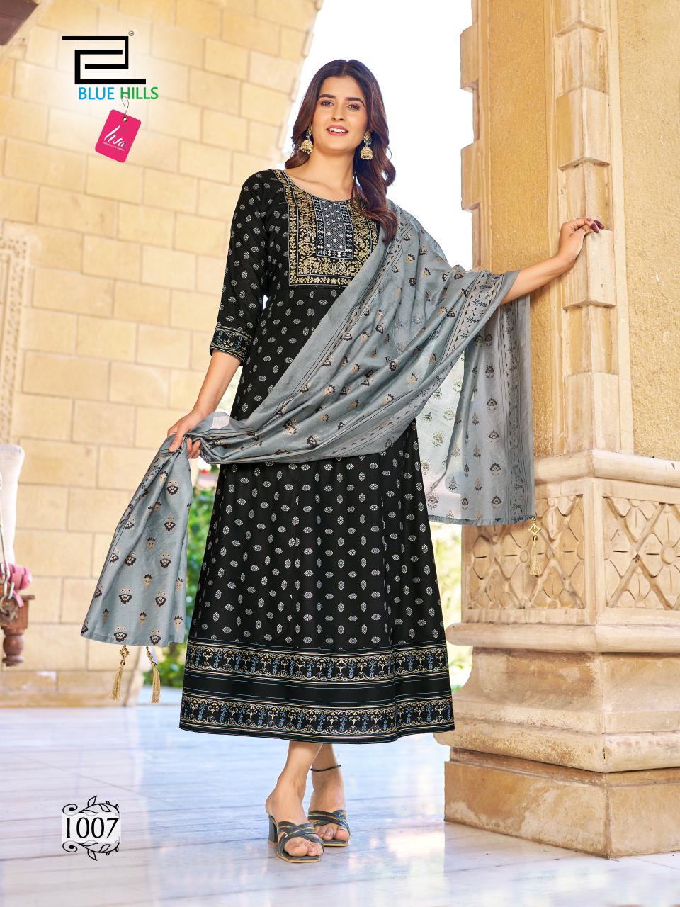 Vasuki By Blue Hills Rayon Foil Print Anarkali Kurti With Dupatta Wholesale Suppliers In Mumbai